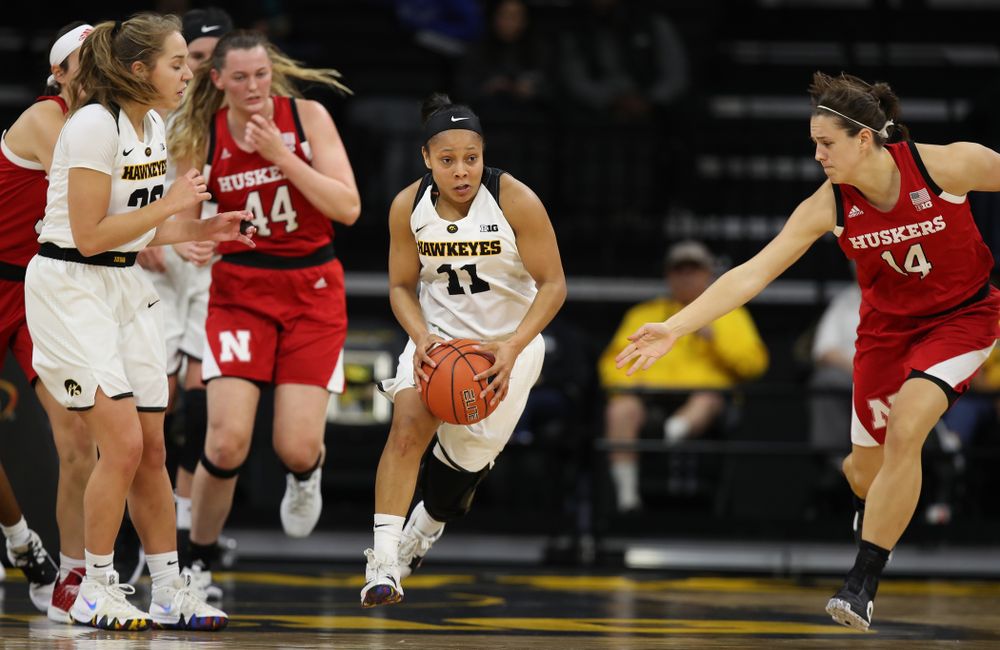 Iowa Hawkeyes guard Tania Davis (11) against the Nebraska Cornhuskers Thursday, January 3, 2019 at Carver-Hawkeye Arena. (Brian Ray/hawkeyesports.com)
