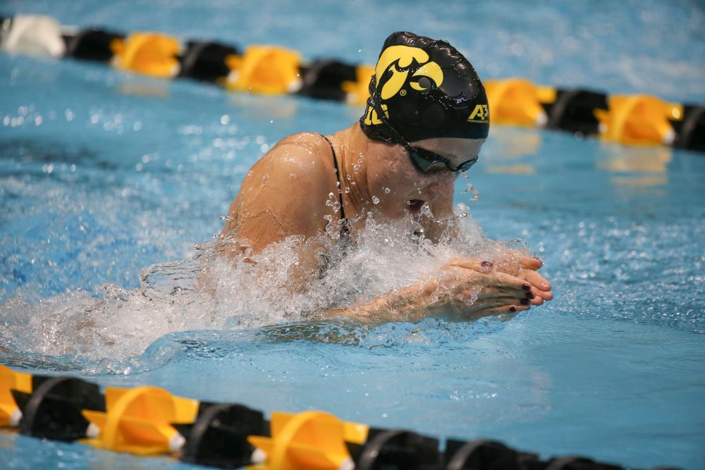 Iowa’s Aleksandra Olesiak swims the 100-yard breaststroke during the Iowa swimming and diving meet vs Notre Dame and Illinois on Saturday, January 11, 2020 at the Campus Recreation and Wellness Center. (Lily Smith/hawkeyesports.com)