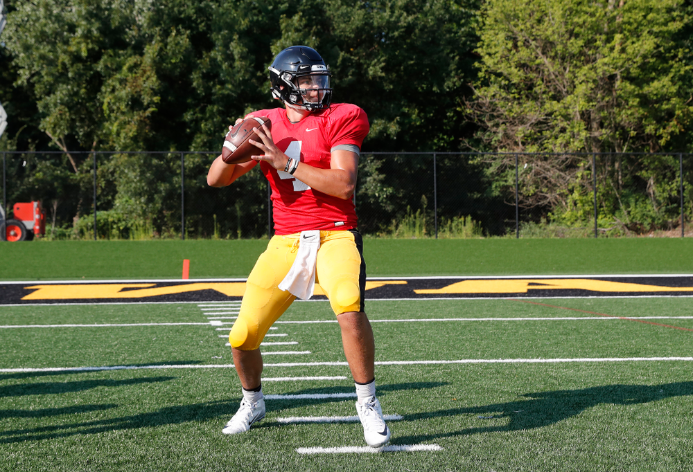 Iowa Hawkeyes quarterback Nathan Stanley (4) during camp practice No. 17 Wednesday, August 22, 2018 at the Kenyon Football Practice Facility. (Brian Ray/hawkeyesports.com)