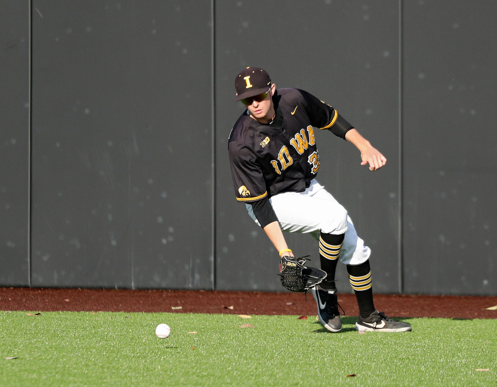 Iowa outfielder Trenton Wallace (38) fields a hit during the fourth inning of the first game of the Black and Gold Fall World Series at Duane Banks Field in Iowa City on Tuesday, Oct 15, 2019. (Stephen Mally/hawkeyesports.com)