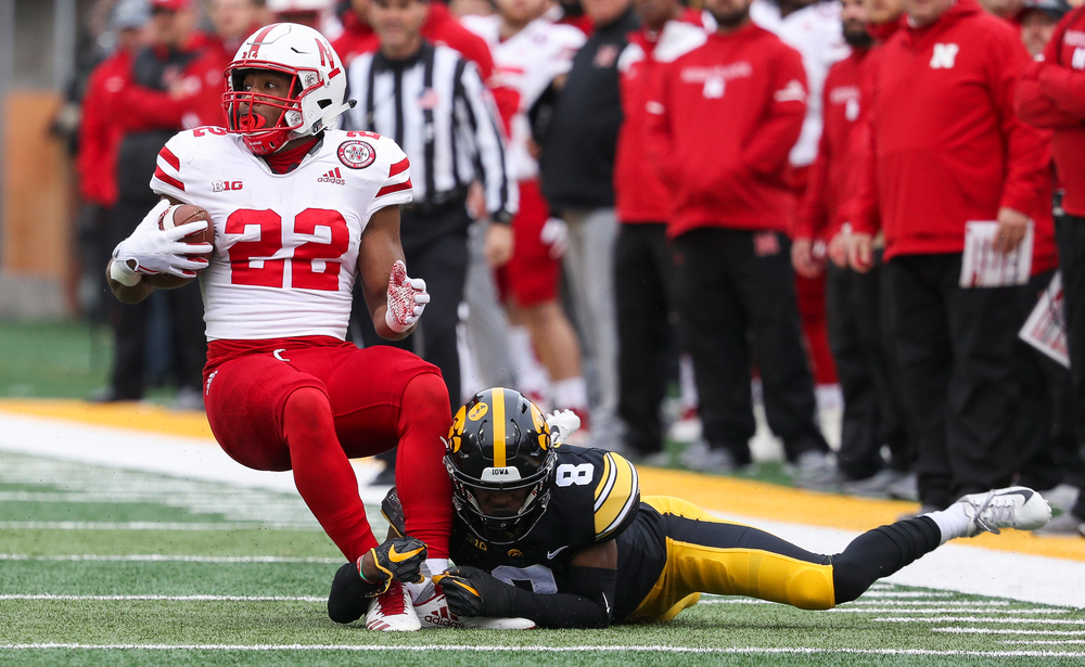 Iowa Hawkeyes defensive back Matt Hankins (8) makes a tackle during a game against Nebraska at Kinnick Stadium on November 23, 2018. (Tork Mason/hawkeyesports.com)