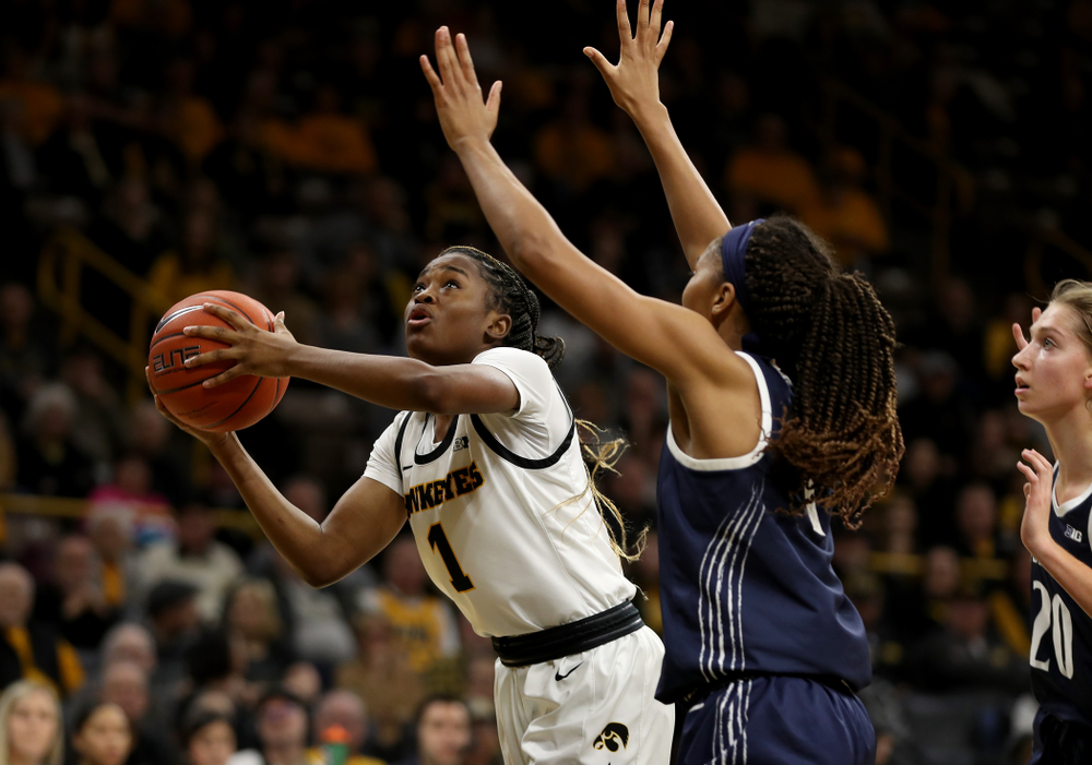 Iowa Hawkeyes guard Tomi Taiwo (1) against Penn State Saturday, February 22, 2020 at Carver-Hawkeye Arena. (Brian Ray/hawkeyesports.com)