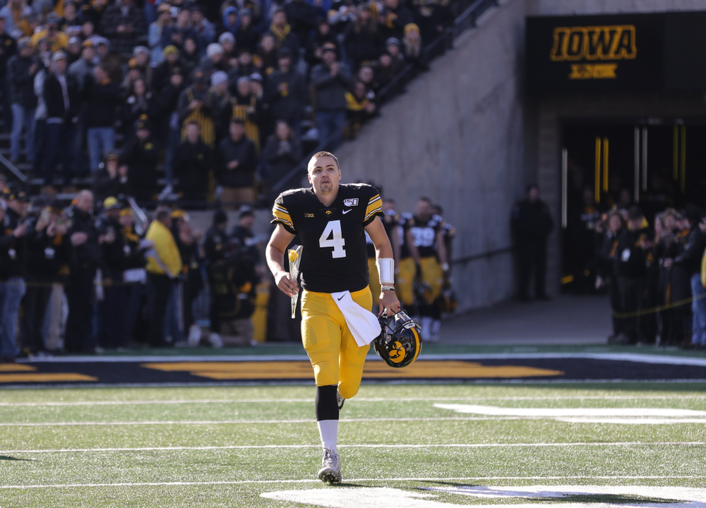 Iowa Hawkeyes quarterback Nate Stanley (4) during Senior Day festivities before their game against the Illinois Fighting Illini Saturday, November 23, 2019 at Kinnick Stadium. (Brian Ray/hawkeyesports.com)