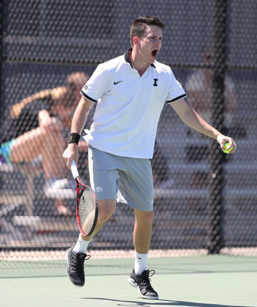 IowaÕs Jonas Larsen against the Michigan Wolverines Sunday, April 21, 2019 at the Hawkeye Tennis and Recreation Complex. (Brian Ray/hawkeyesports.com)