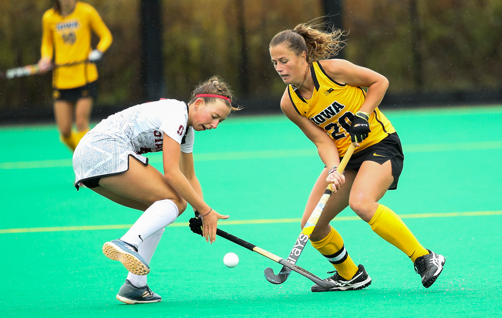 Iowa Hawkeyes midfielder Sophie Sunderland (20) defends during a game against Stanford at Grant Field on October 7, 2018. (Tork Mason/hawkeyesports.com)