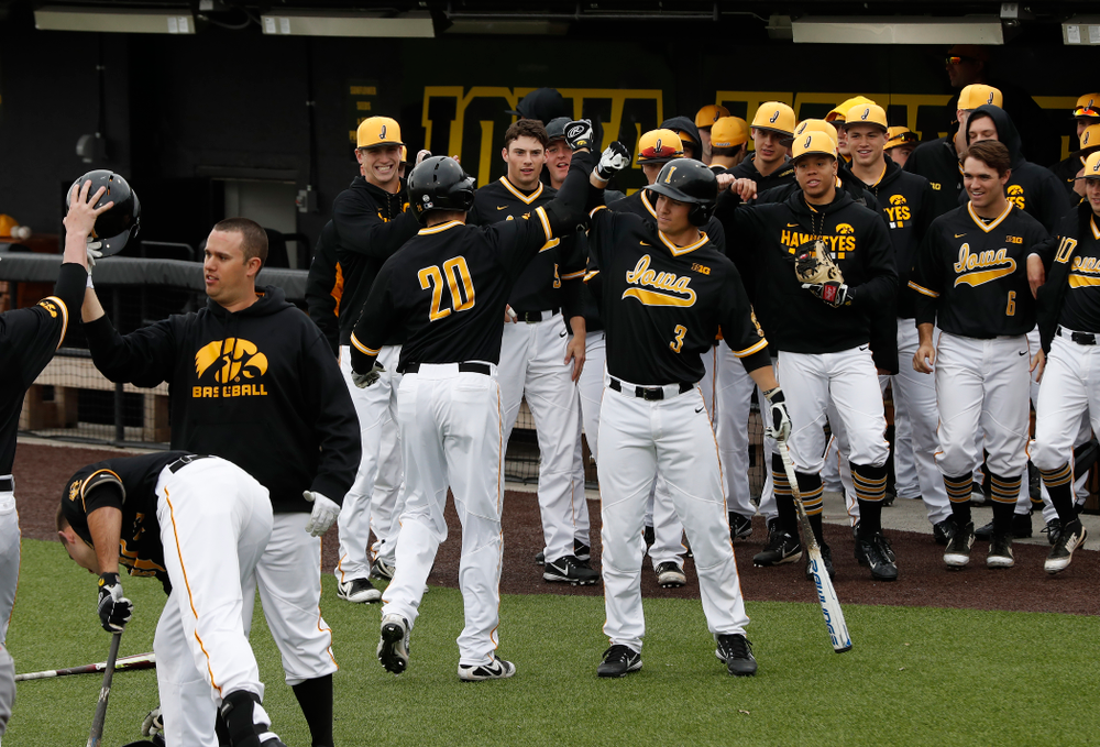 Iowa Hawkeyes catcher Austin Guzzo (20) celebrates with infielder Matt Hoeg (3) after hitting a home-run against the Bradley Braves Wednesday, March 28, 2018 at Duane Banks Field. (Brian Ray/hawkeyesports.com)
