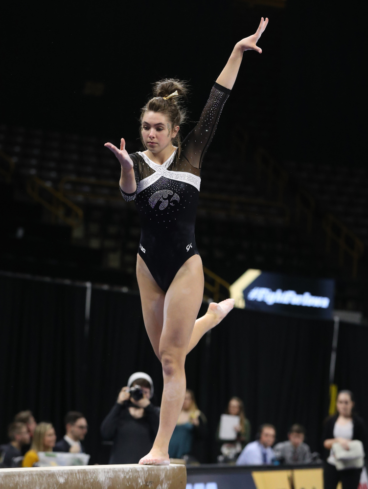 Iowa's Bridget Killian competes on the beam against the Rutgers Scarlet Knights Saturday, January 26, 2019 at Carver-Hawkeye Arena. (Brian Ray/hawkeyesports.com)