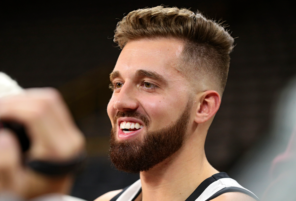 Iowa Hawkeyes guard Jordan Bohannon (3) answers questions during Iowa Men’s Basketball Media Day at Carver-Hawkeye Arena in Iowa City on Wednesday, Oct 9, 2019. (Stephen Mally/hawkeyesports.com)