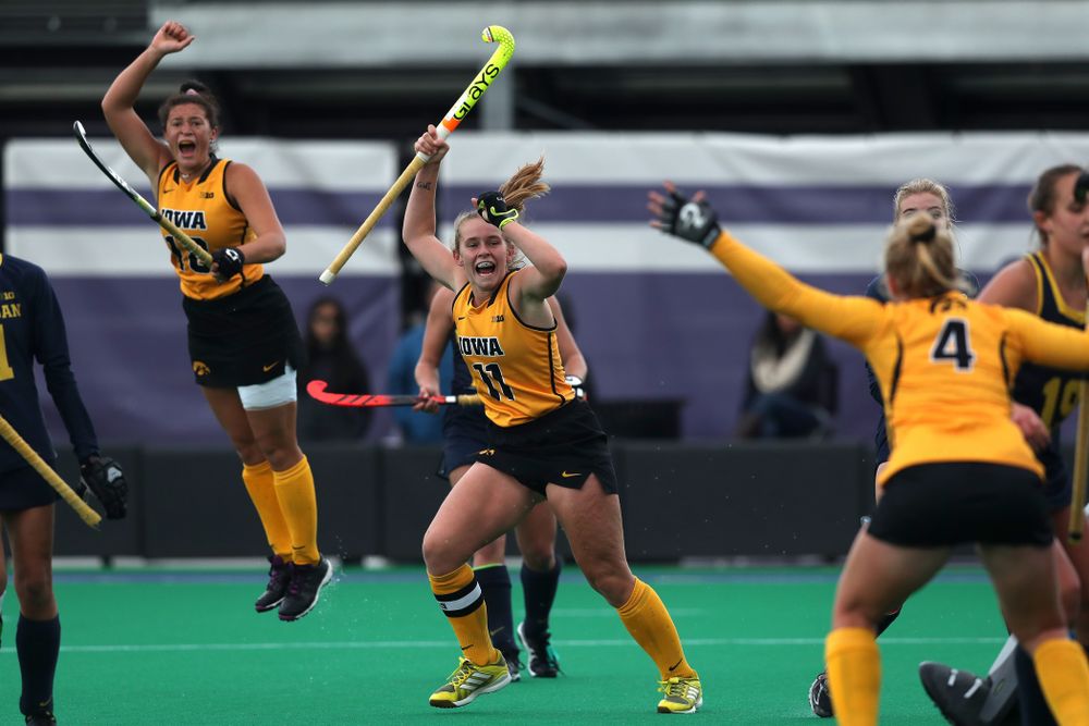 Iowa Hawkeyes Katie Birch (11) celebrates the game winning goal against the Michigan Wolverines in the semi-finals of the Big Ten Tournament Friday, November 2, 2018 at Lakeside Field on the campus of Northwestern University in Evanston, Ill. (Brian Ray/hawkeyesports.com)