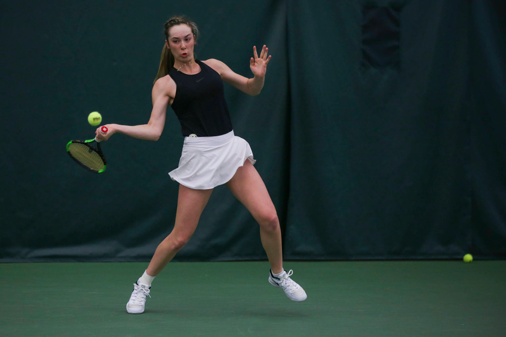 IowaÕs Samantha Mannix at womenÕs tennis senior day vs Nebraska on Saturday, April 13, 2019 at the Hawkeye Tennis and Recreation Complex. (Lily Smith/hawkeyesports.com)