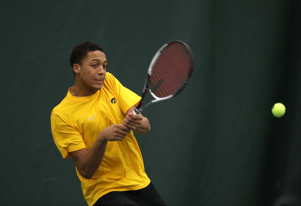 Oliver Okonkwo against the Butler Bulldogs Sunday, January 27, 2019 at the Hawkeye Tennis and Recreation Complex. (Brian Ray/hawkeyesports.com)