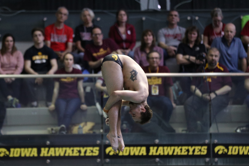 Iowa's Anton Hoherz competes on the 1-meter springboard during the 2019 Big Ten Swimming and Diving Championships Thursday, February 28, 2019 at the Campus Wellness and Recreation Center. (Brian Ray/hawkeyesports.com)