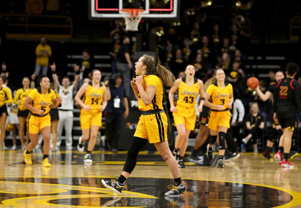 Iowa Hawkeyes guard Kathleen Doyle (22) celebrates following their victory against the Maryland Terrapins Thursday, January 9, 2020 at Carver-Hawkeye Arena. (Brian Ray/hawkeyesports.com)