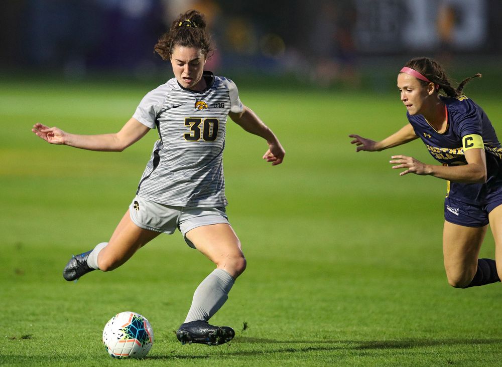 Iowa forward Devin Burns (30) lines up a shot during the first half of their match at the Iowa Soccer Complex in Iowa City on Friday, Sep 13, 2019. (Stephen Mally/hawkeyesports.com)