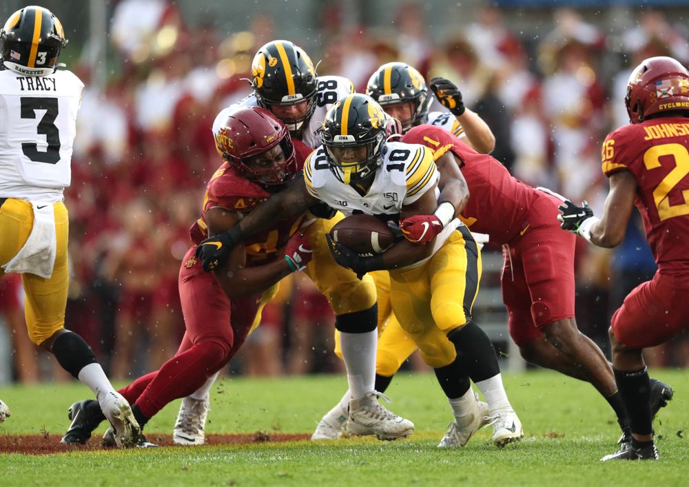 Iowa Hawkeyes running back Mekhi Sargent (10) against the Iowa State Cyclones Saturday, September 14, 2019 at Jack Trice Stadium in Ames, Iowa. (Brian Ray/hawkeyesports.com)