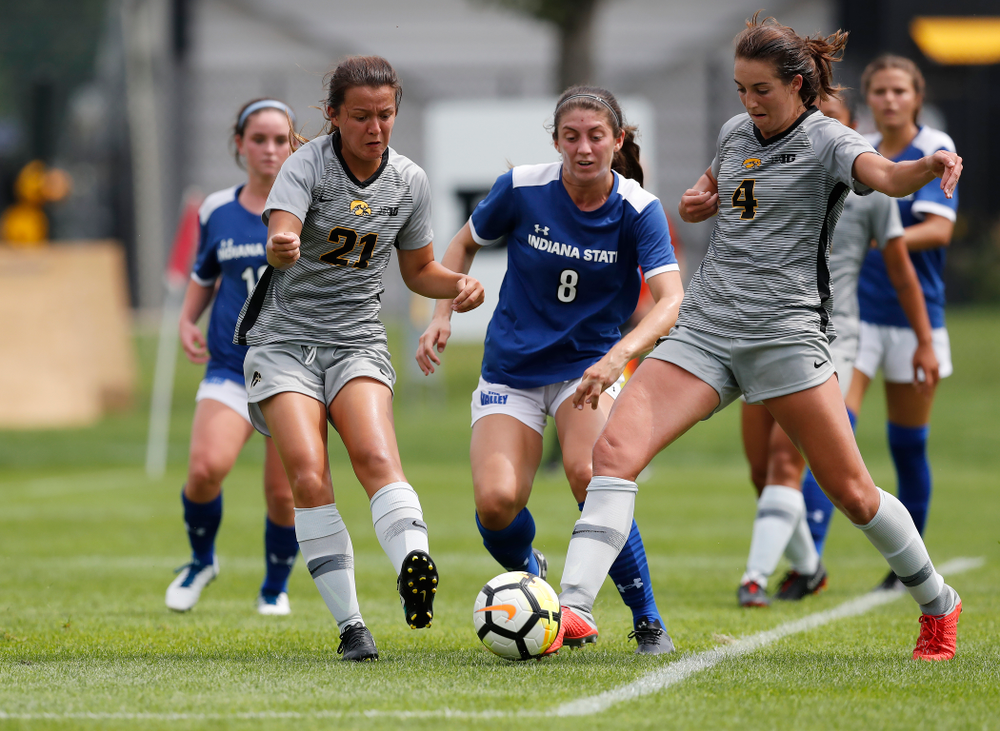 Iowa Hawkeyes Kaleigh Haus (4) and Emma Tokuyama (21) against Indiana State Sunday, August 26, 2018 at the Iowa Soccer Complex. (Brian Ray/hawkeyesports.com)