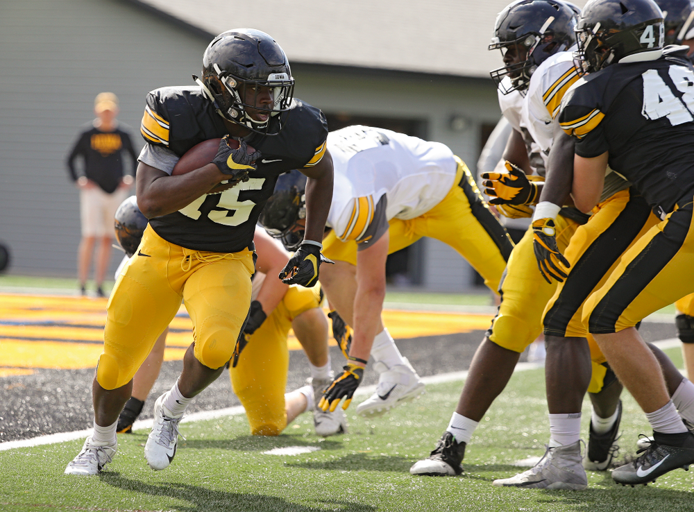 Iowa Hawkeyes running back Tyler Goodson (15) on a run during Fall Camp Practice No. 11 at the Hansen Football Performance Center in Iowa City on Wednesday, Aug 14, 2019. (Stephen Mally/hawkeyesports.com)