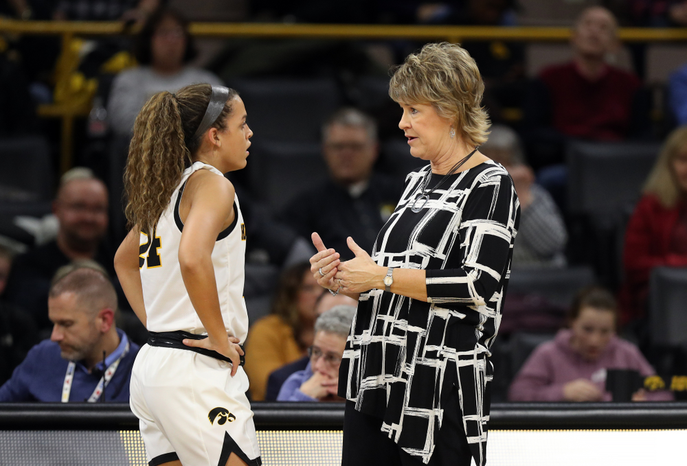 Iowa Hawkeyes head coach Lisa Bluder and guard Gabbie Marshall (24) against North Alabama Thursday, November 14, 2019 at Carver-Hawkeye Arena. (Brian Ray/hawkeyesports.com)