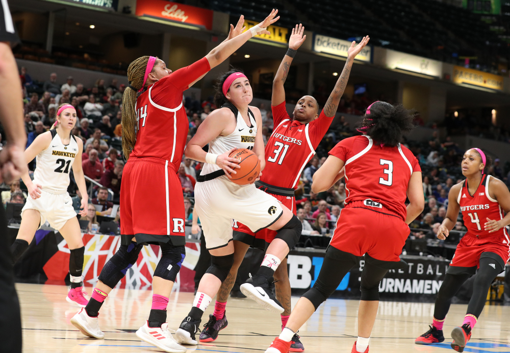 Iowa Hawkeyes forward Megan Gustafson (10) against the Rutgers Scarlet Knights in the semi-finals of the Big Ten Tournament Saturday, March 9, 2019 at Bankers Life Fieldhouse in Indianapolis, Ind. (Brian Ray/hawkeyesports.com)
