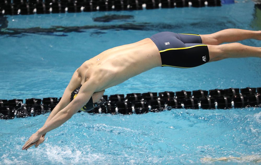 Iowa's Michael Tenney swims the third leg of the 800 freestyle relay at the 2019 Big Ten Swimming and Diving meet Wednesday, February 27, 2019 at the Campus Wellness and Recreation Center. (Brian Ray/hawkeyesports.com)