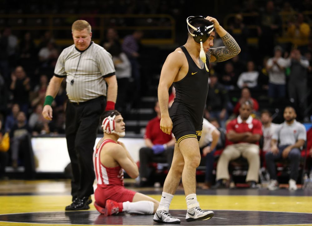 Iowa's Pat Lugo wrestles Indiana's Ferni Luigs at 149 pounds Friday, February 15, 2019 at Carver-Hawkeye Arena. (Brian Ray/hawkeyesports.com)