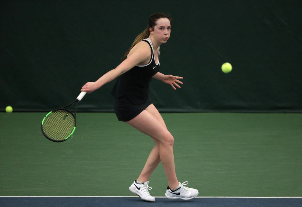 Iowa's Samantha Mannix against the Penn State Nittany Lions Sunday, February 24, 2019 at the Hawkeye Tennis and Recreation Complex. (Brian Ray/hawkeyesports.com)