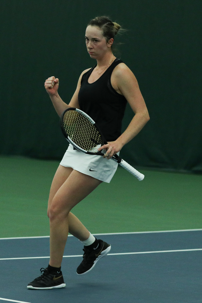 Iowa’s Samantha Mannix returns a hit during the Iowa women’s tennis meet vs DePaul on Friday, February 21, 2020 at the Hawkeye Tennis and Recreation Complex. (Lily Smith/hawkeyesports.com)