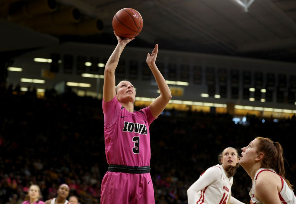 Iowa Hawkeyes guard Makenzie Meyer (3) against the Wisconsin Badgers Sunday, February 16, 2020 at Carver-Hawkeye Arena. (Brian Ray/hawkeyesports.com)