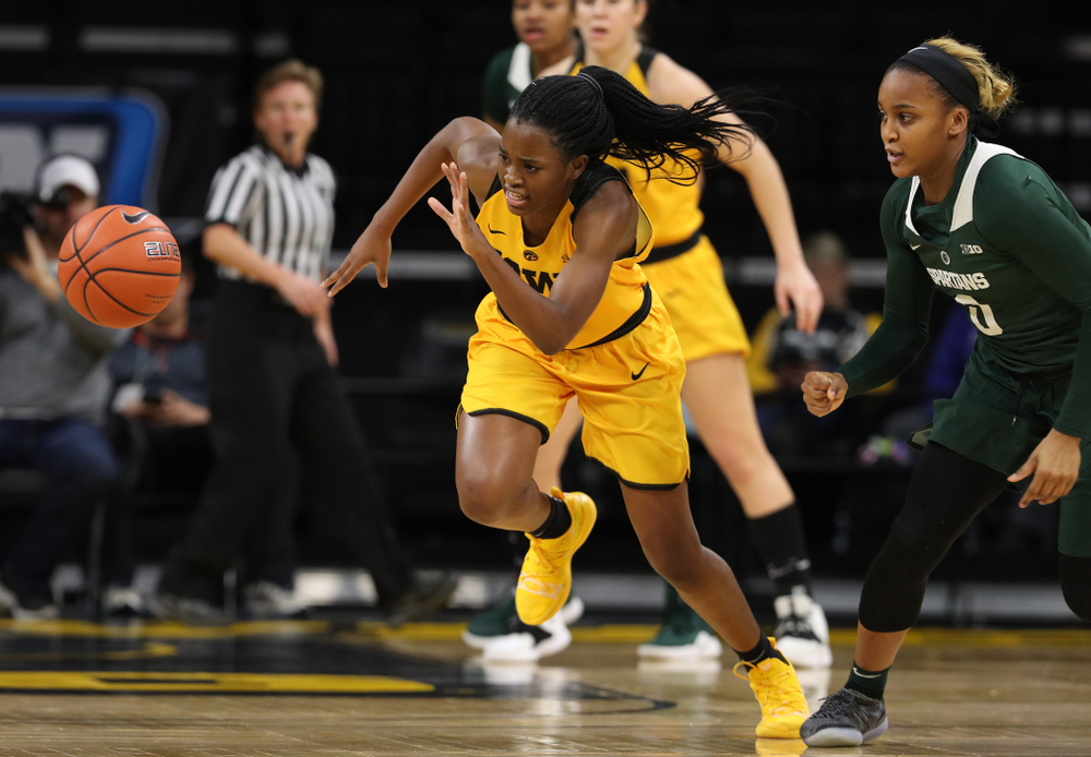 Iowa Hawkeyes guard Tomi Taiwo (1) steals the ball against the Michigan State Spartans Thursday, February 7, 2019 at Carver-Hawkeye Arena. (Brian Ray/hawkeyesports.com)