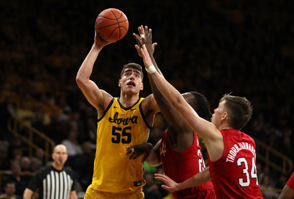 Iowa Hawkeyes forward Luka Garza (55) against the Nebraska Cornhuskers Saturday, February 8, 2020 at Carver-Hawkeye Arena. (Brian Ray/hawkeyesports.com)