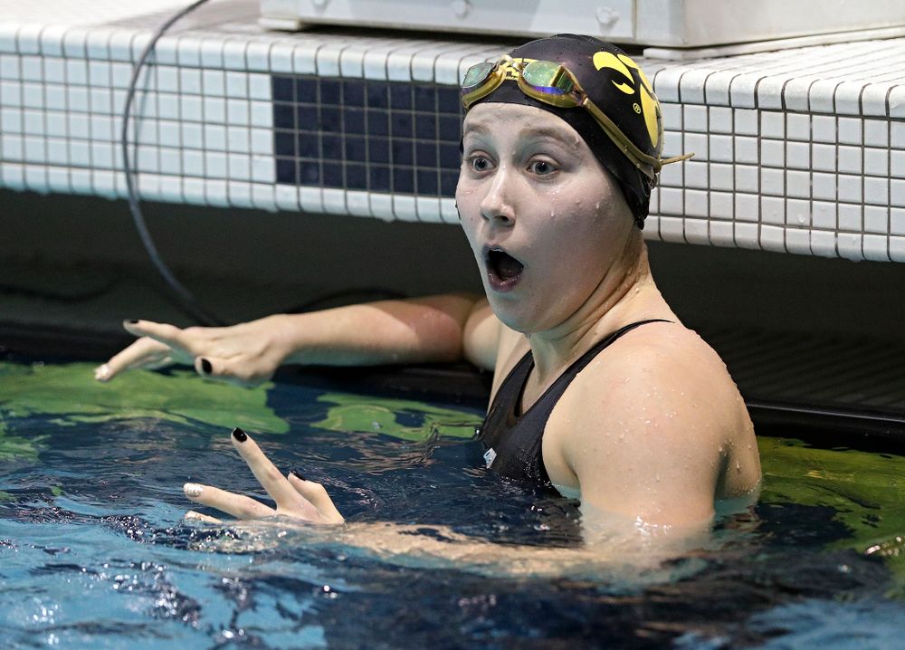 Iowa’s Aleksandra Olesiak reacts after setting a career-best time in the women’s 200 yard breaststroke C final event during the 2020 Women’s Big Ten Swimming and Diving Championships at the Campus Recreation and Wellness Center in Iowa City on Saturday, February 22, 2020. (Stephen Mally/hawkeyesports.com)