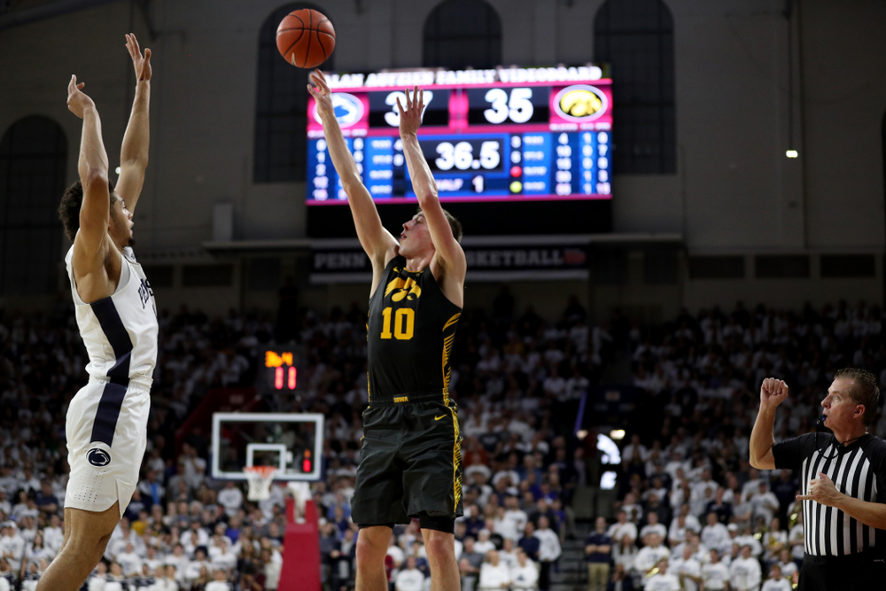 Iowa Hawkeyes guard Joe Wieskamp (10) against Penn State Saturday, January 4, 2020 at the Palestra in Philadelphia. (Brian Ray/hawkeyesports.com)