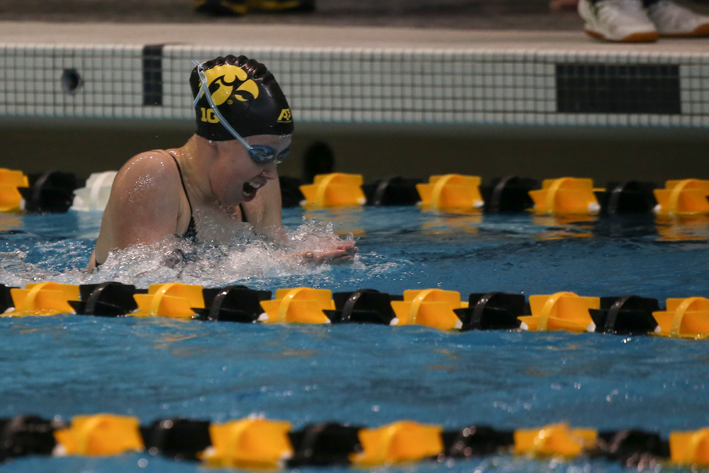 Iowa’s Paige Hanley swims the 200-yard breaststroke during the Iowa swimming and diving meet vs Notre Dame and Illinois on Saturday, January 11, 2020 at the Campus Recreation and Wellness Center. (Lily Smith/hawkeyesports.com)