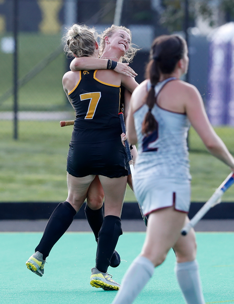 Iowa Hawkeyes Maddy Murphy (26) celebrates with Ellie Holley (7) after scoring against the Penn Quakers Friday, September 14, 2018 at Grant Field. (Brian Ray/hawkeyesports.com)