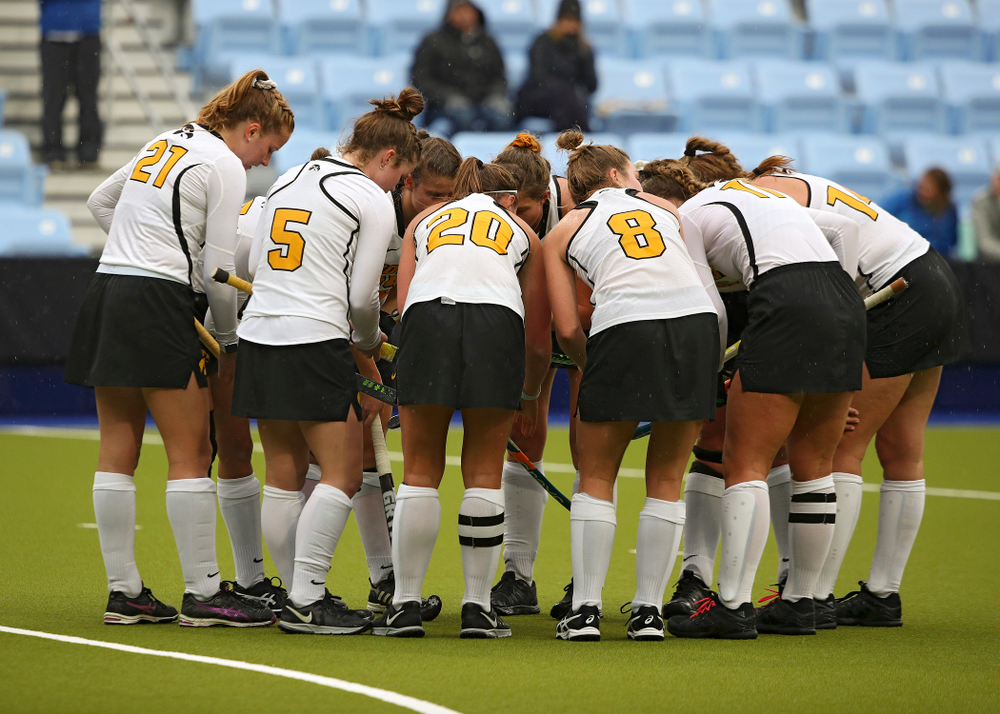 The Hawkeyes huddle before a penalty corner during the second quarter of their NCAA Tournament First Round match against Duke at Karen Shelton Stadium in Chapel Hill, N.C. on Friday, Nov 15, 2019. (Stephen Mally/hawkeyesports.com)