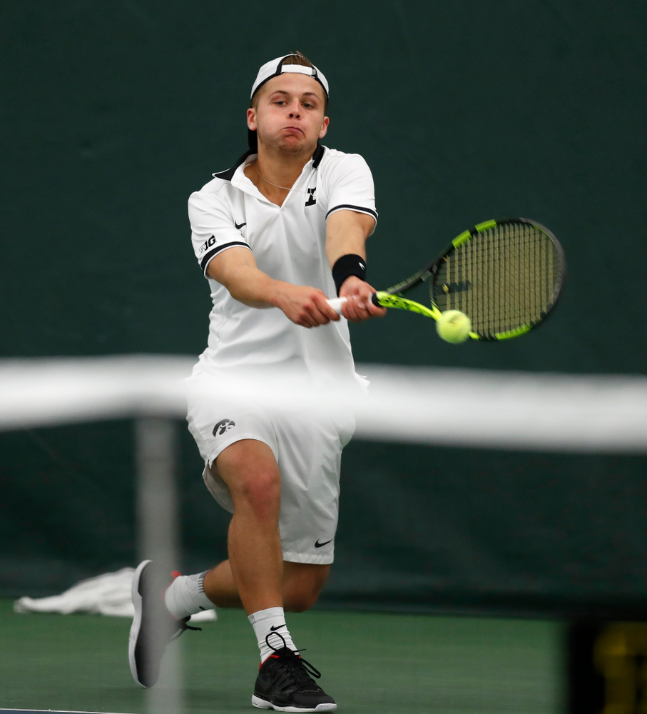 Will Davies against Purdue Sunday, April 15, 2018 at the Hawkeye Tennis and Recreation Center. (Brian Ray/hawkeyesports.com)