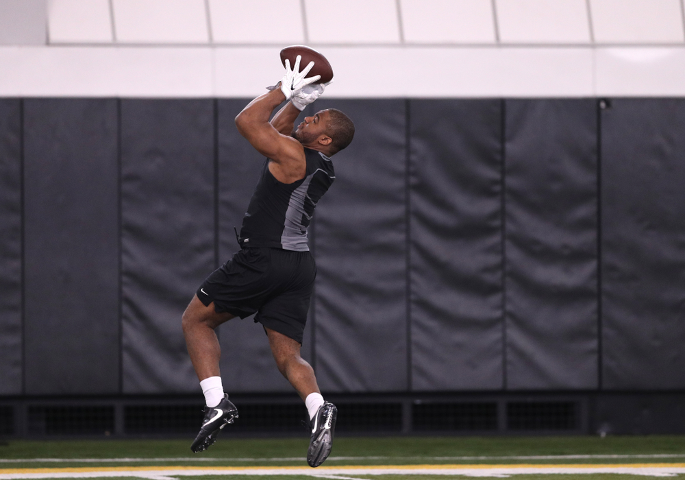 against the Iowa Hawkeyes running back LeShun Daniels during the teamÕs annual Pro Day Monday, March 25, 2019 at the Hansen Football Performance Center. (Brian Ray/hawkeyesports.com)