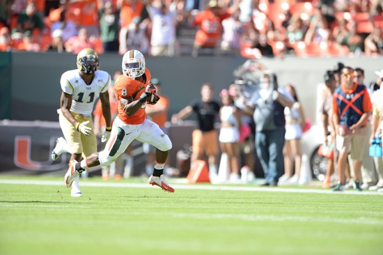 University of Miami Hurricanes running back Duke Johnson #8 plays in a game against the Georgia Tech Yellow Jackets at Sun Life Stadium on October 5,...