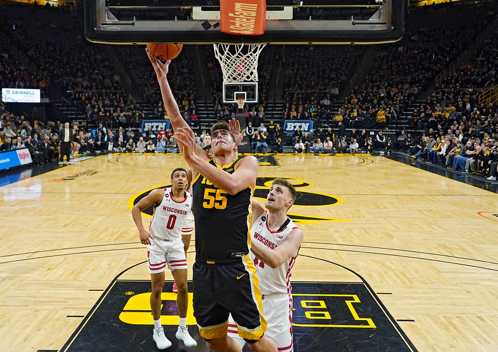Iowa Hawkeyes center Luka Garza (55) puts up a shot during the first half of their game at Carver-Hawkeye Arena in Iowa City on Monday, January 27, 2020. (Stephen Mally/hawkeyesports.com)