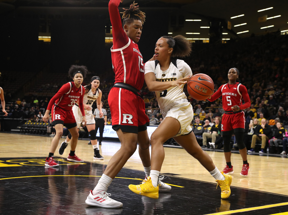 Iowa Hawkeyes guard Alexis Sevillian (5) against the Rutgers Scarlet Knights Wednesday, January 23, 2019 at Carver-Hawkeye Arena. (Brian Ray/hawkeyesports.com)