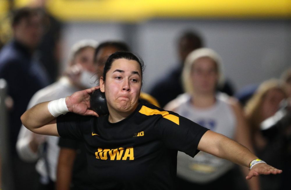Iowa's Konstadina Spanoudakis competes in the Shot Put during the Black and Gold Premier meet Saturday, January 26, 2019 at the Recreation Building. (Brian Ray/hawkeyesports.com)