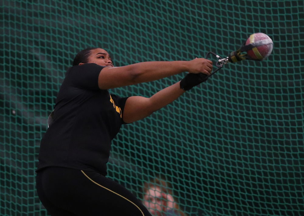 Iowa's Laulauga Tausaga competes in the weight throw Friday, January 11, 2019 at the Hawkeye Tennis and Recreation Center. (Brian Ray/hawkeyesports.com)