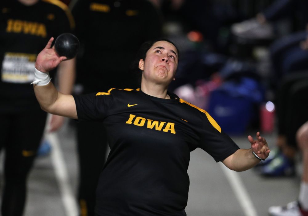 Iowa's Konstadina Spanoudakis competes in the Shot Put during the Black and Gold Premier meet Saturday, January 26, 2019 at the Recreation Building. (Brian Ray/hawkeyesports.com)