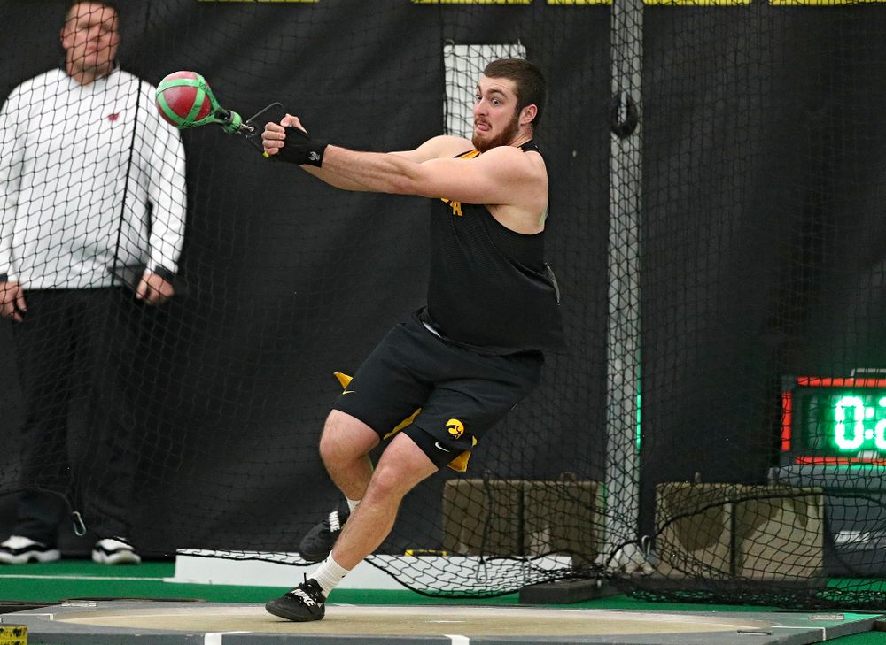 Iowa’s Tyler Lienau throws in the men’s weight throw event during the Larry Wieczorek Invitational at the Hawkeye Tennis and Recreation Complex in Iowa City on Friday, January 17, 2020. (Stephen Mally/hawkeyesports.com)