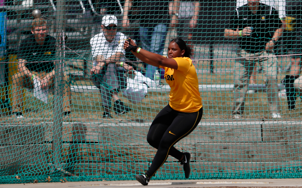 Iowa's Nia Britt competes in the hammer throw during the 2018 MUSCO Twilight Invitational Thursday, April 12, 2018 at the Cretzmeyer Track. (Brian Ray/hawkeyesports.com)
