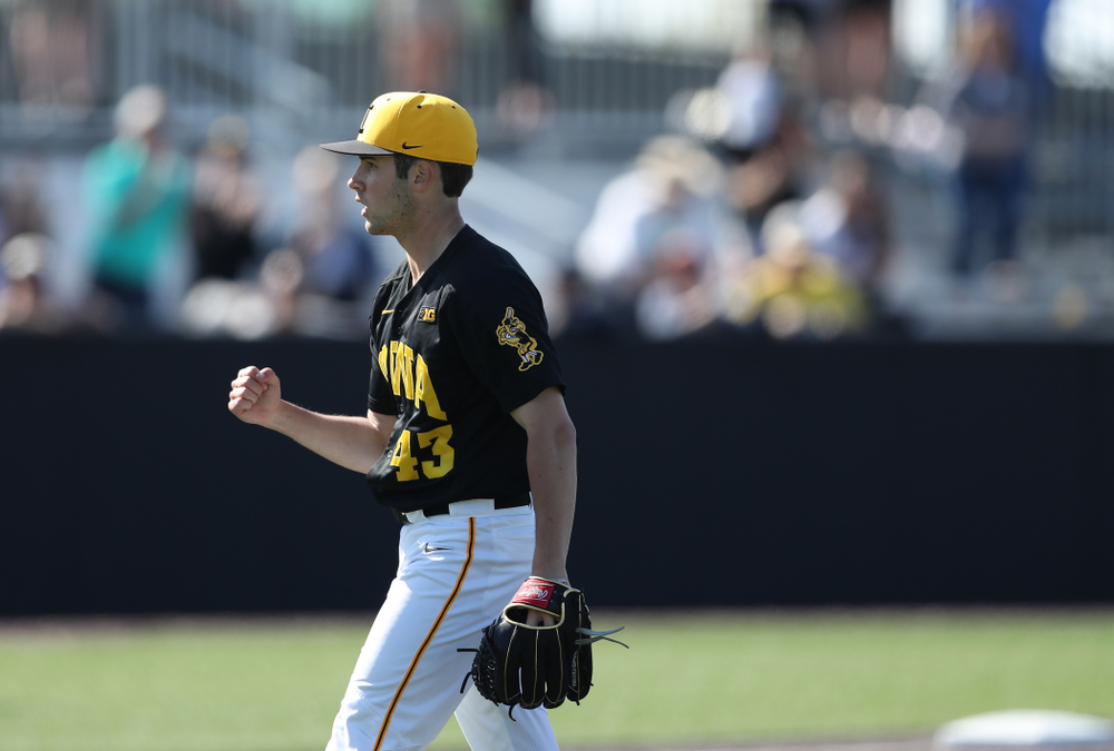 Iowa Hawkeyes Grant Leonard (43) reacts after getting the final out during game two against UC Irvine Saturday, May 4, 2019 at Duane Banks Field. (Brian Ray/hawkeyesports.com)