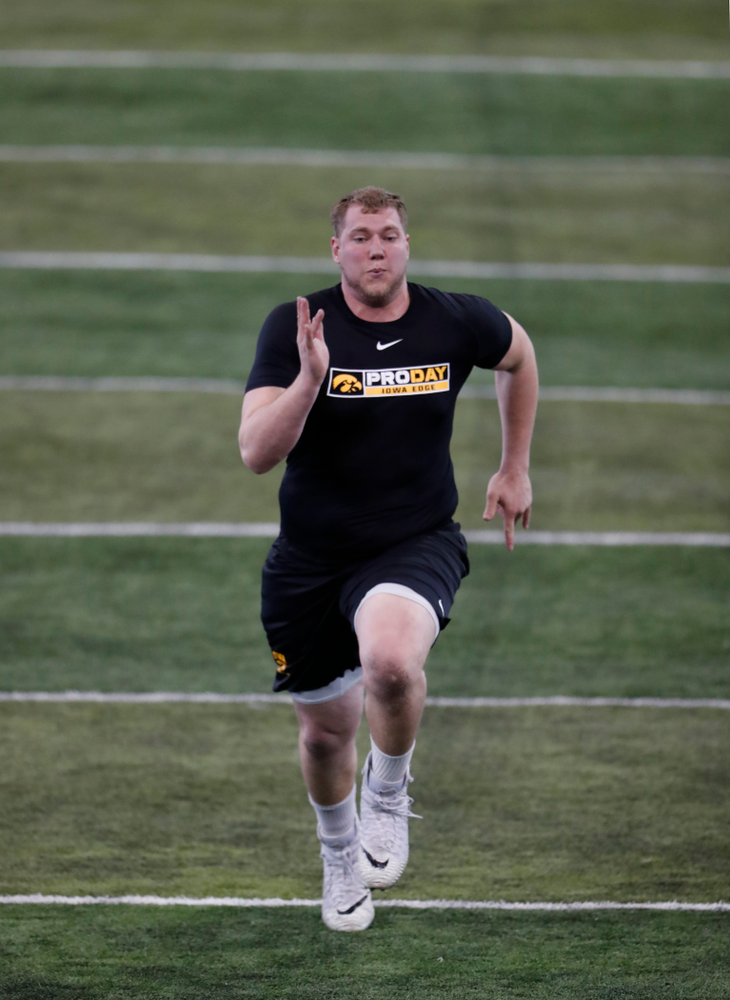 Iowa Hawkeyes offensive lineman Boone Myers (52) during the team's annual pro day Monday, March 26, 2018 at the Hansen Football Performance Center. (Brian Ray/hawkeyesports.com)