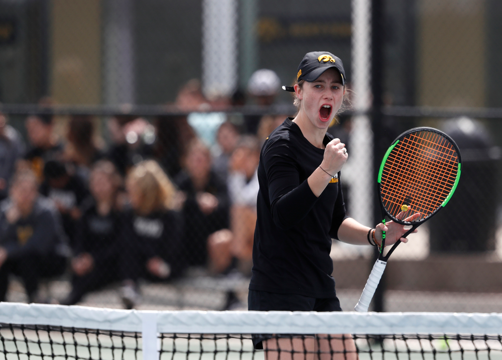 Elise Van Heuvelen and Anastasia Reimchen play a doubles match against the Wisconsin Badgers Sunday, April 22, 2018 at the Hawkeye Tennis and Recreation Center. (Brian Ray/hawkeyesports.com)