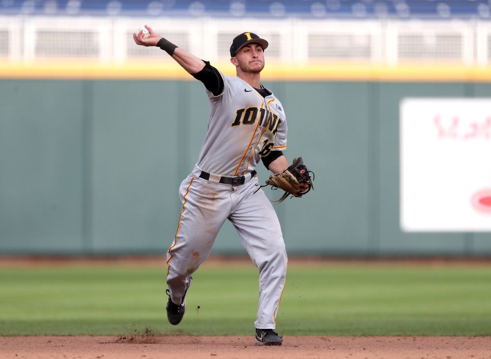 Iowa Hawkeyes Tanner Wetrich (16) against the Indiana Hoosiers in the first round of the Big Ten Baseball Tournament Wednesday, May 22, 2019 at TD Ameritrade Park in Omaha, Neb. (Brian Ray/hawkeyesports.com)