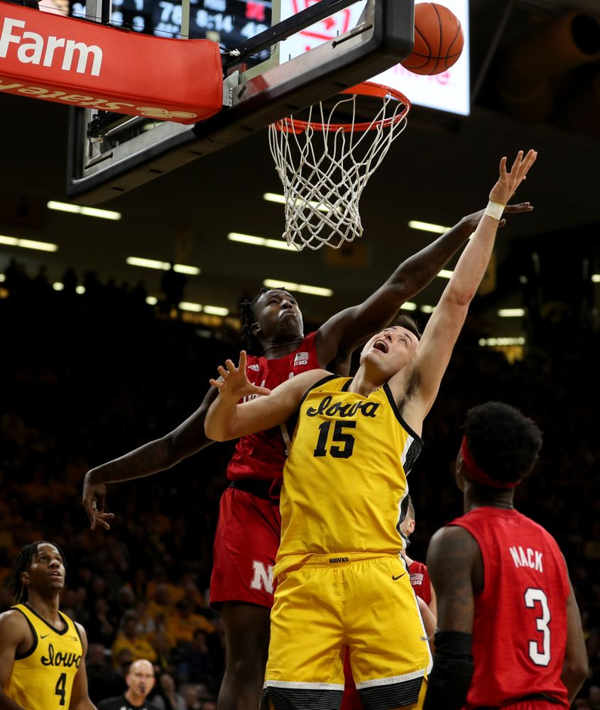 Iowa Hawkeyes forward Ryan Kriener (15) against the Nebraska Cornhuskers Saturday, February 8, 2020 at Carver-Hawkeye Arena. (Brian Ray/hawkeyesports.com)